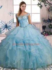 Sleeveless Organza Floor Length Lace Up Quinceanera Gowns in Light Blue with Beading and Ruffles