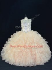 Champagne Lace Up Scoop Beading and Ruffles Quince Ball Gowns Organza Sleeveless