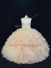 Champagne Lace Up Scoop Beading and Ruffles Quince Ball Gowns Organza Sleeveless