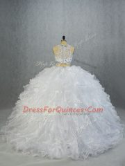 Cheap White Sleeveless Organza Brush Train Lace Up Quinceanera Dress for Sweet 16 and Quinceanera