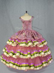 Dynamic Pink Quinceanera Dresses Sweet 16 and Quinceanera with Embroidery and Ruffled Layers Straps Sleeveless Lace Up