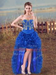 Royal Blue Ball Gowns Organza Sweetheart Sleeveless Embroidery and Ruffles High Low Lace Up
