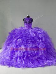 Customized Lavender Halter Top Zipper Beading and Ruffles Vestidos de Quinceanera Brush Train Sleeveless