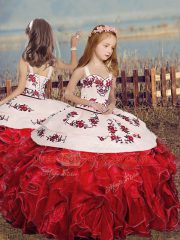 Red Little Girls Pageant Gowns Party and Sweet 16 and Wedding Party with Embroidery and Ruffles Straps Sleeveless Lace Up