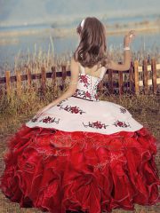 Red Little Girls Pageant Gowns Party and Sweet 16 and Wedding Party with Embroidery and Ruffles Straps Sleeveless Lace Up