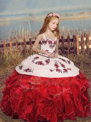 Red Little Girls Pageant Gowns Party and Sweet 16 and Wedding Party with Embroidery and Ruffles Straps Sleeveless Lace Up