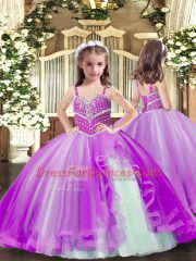 Sleeveless Floor Length Beading Lace Up Kids Formal Wear with Purple