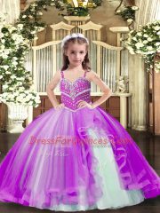 Sleeveless Floor Length Beading Lace Up Kids Formal Wear with Purple