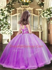 Sleeveless Floor Length Beading Lace Up Kids Formal Wear with Purple