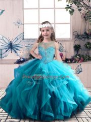 Custom Designed Floor Length Blue Little Girls Pageant Gowns Tulle Sleeveless Beading and Ruffles