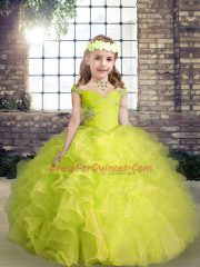 Yellow Green Ball Gowns Beading and Ruffles Little Girls Pageant Dress Lace Up Organza Sleeveless Floor Length