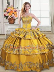 Dramatic Gold Sleeveless Floor Length Embroidery and Ruffled Layers Lace Up Quinceanera Gowns