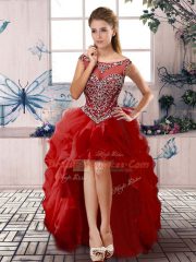Romantic Sleeveless High Low Beading and Ruffles Zipper Prom Evening Gown with Red
