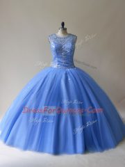 Best Selling Ball Gowns Sweet 16 Dresses Baby Blue Scoop Tulle Sleeveless Floor Length Lace Up