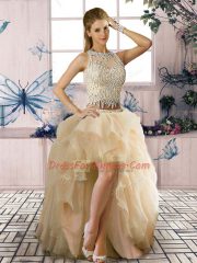 Latest Champagne Sleeveless High Low Beading and Ruffles Clasp Handle Dress for Prom