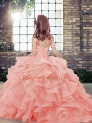 Stunning Apple Green Tulle Lace Up Straps Sleeveless Floor Length Kids Formal Wear Beading and Ruffles