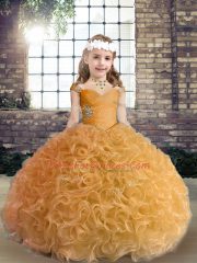 Nice Floor Length Gold Little Girl Pageant Gowns Fabric With Rolling Flowers Sleeveless Beading