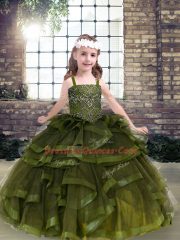 Cute Straps Sleeveless Kids Pageant Dress Floor Length Beading and Ruffles Olive Green Tulle