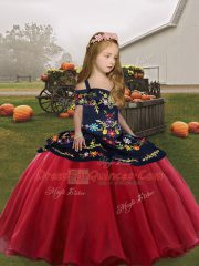 Straps Sleeveless Lace Up Little Girl Pageant Gowns Coral Red Organza