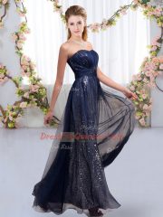Latest Navy Blue Sleeveless Chiffon and Sequined Lace Up Damas Dress for Wedding Party