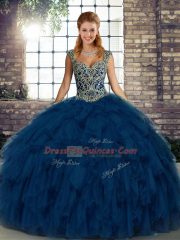 Floor Length Blue Vestidos de Quinceanera Straps Sleeveless Lace Up