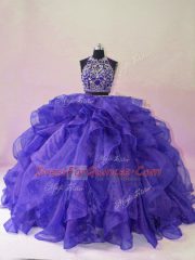 Deluxe Halter Top Sleeveless Quinceanera Gowns Brush Train Beading and Ruffles Purple Organza