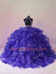 Deluxe Halter Top Sleeveless Quinceanera Gowns Brush Train Beading and Ruffles Purple Organza