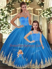 Gorgeous Blue Ball Gowns Sweetheart Sleeveless Tulle Floor Length Lace Up Embroidery Quinceanera Dress