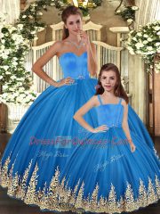 Gorgeous Blue Ball Gowns Sweetheart Sleeveless Tulle Floor Length Lace Up Embroidery Quinceanera Dress