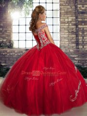 Deluxe Turquoise Lace Up Off The Shoulder Beading and Embroidery Vestidos de Quinceanera Tulle Sleeveless