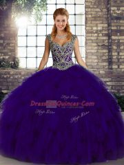 Designer Purple Sleeveless Organza Lace Up Sweet 16 Dresses for Military Ball and Sweet 16 and Quinceanera