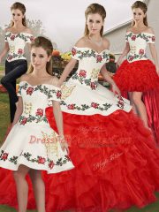 Sleeveless Floor Length Embroidery and Ruffles Lace Up Quince Ball Gowns with White And Red