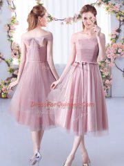 Tea Length Pink Damas Dress Off The Shoulder Sleeveless Lace Up
