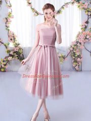 Tea Length Pink Damas Dress Off The Shoulder Sleeveless Lace Up