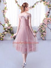 Tea Length Pink Damas Dress Off The Shoulder Sleeveless Lace Up