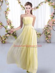 High Class Yellow Empire Chiffon Strapless Sleeveless Beading Lace Up Damas Dress Sweep Train
