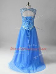 Inexpensive High Low Empire Sleeveless Blue Party Dress for Girls Brush Train Lace Up