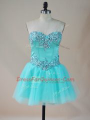 Tulle Sweetheart Sleeveless Lace Up Beading Prom Evening Gown in Aqua Blue