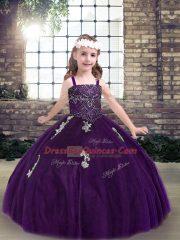 Purple Lace Up Winning Pageant Gowns Appliques Sleeveless Floor Length