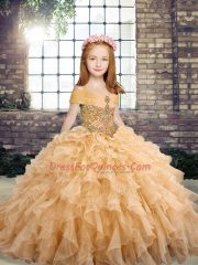 Straps Sleeveless Child Pageant Dress Floor Length Beading and Ruffles Peach Tulle