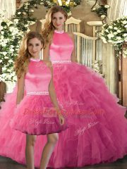 Trendy Hot Pink Tulle Backless Halter Top Sleeveless Floor Length 15th Birthday Dress Ruffles
