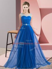 Beauteous Blue Empire Beading Dama Dress for Quinceanera Lace Up Chiffon Sleeveless Floor Length