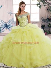 Pretty Floor Length Ball Gowns Sleeveless Yellow Vestidos de Quinceanera Lace Up