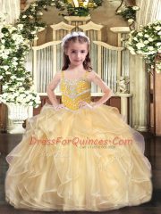 Ball Gowns Child Pageant Dress Gold Straps Organza Sleeveless Floor Length Lace Up