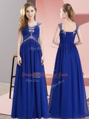 Chiffon Straps Sleeveless Lace Up Beading in Royal Blue