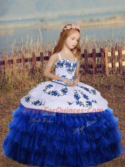 Royal Blue Kids Pageant Dress Party and Wedding Party with Embroidery and Ruffled Layers Straps Long Sleeves Lace Up