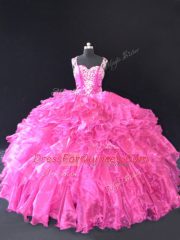 Fuchsia Organza Lace Up Quinceanera Dresses Sleeveless Floor Length Beading and Ruffles