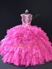 Fuchsia Organza Lace Up Quinceanera Dresses Sleeveless Floor Length Beading and Ruffles