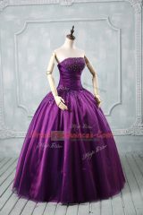 Discount Strapless Sleeveless Lace Up Quinceanera Gown Purple Organza