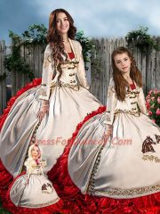 Flirting White And Red Sleeveless Floor Length Embroidery Lace Up 15th Birthday Dress